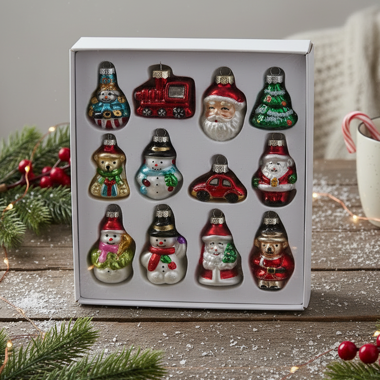 A boxed set of 12 small Christmas ornament shapes displayed in a white gift box on a rustic wooden surface. The ornaments include festive figures and symbols such as Santa, snowmen, a Christmas tree, a train, a car, and holiday motifs.