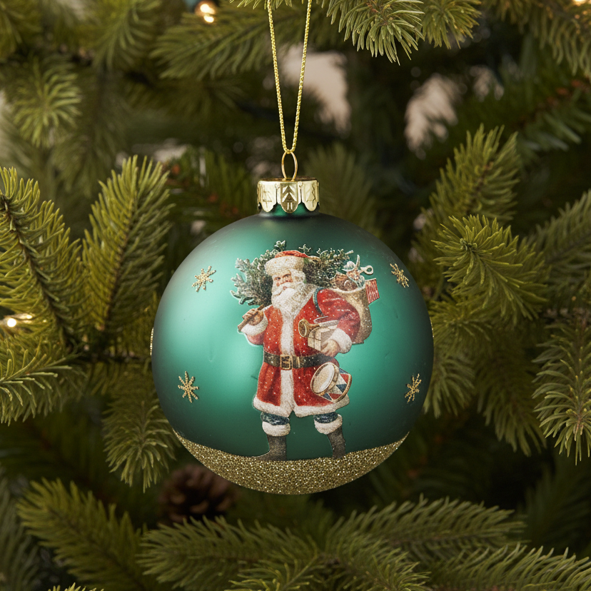 Decorative Christmas bauble ornament with Santa Claus on a green tree