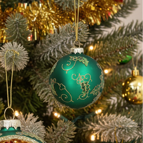 A green Christmas ornament with gold holly and scroll designs hanging on a decorated Christmas tree with lights and tinsel.