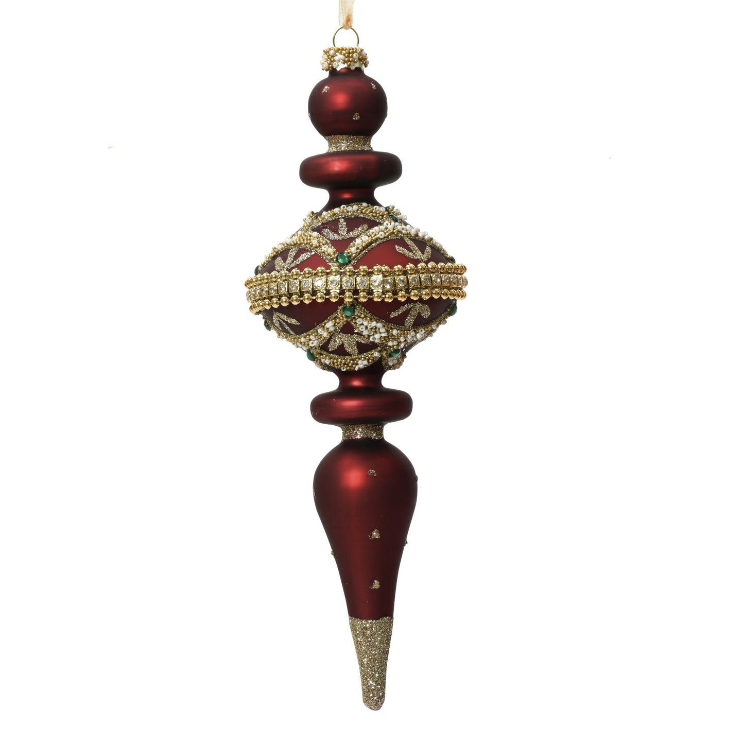 Set of 2 Oxblood Red Ornate Finial Glass Christmas Decoration
