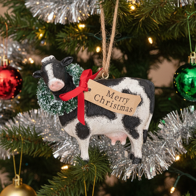 A Christmas ornament shaped like a black and white cow, decorated with a green wreath and a red ribbon bow. A kraft paper tag hanging from the ribbon reads 'Merry Christmas'.