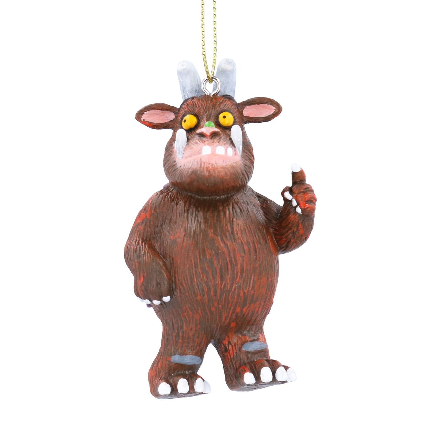Decorative ornament of a gruffalo with a white hat on a white background