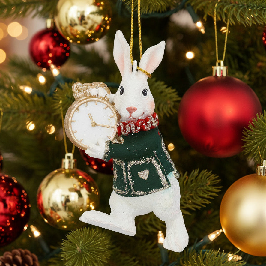 Decorative rabbit ornament holding a pocket watch in a Christmas tree