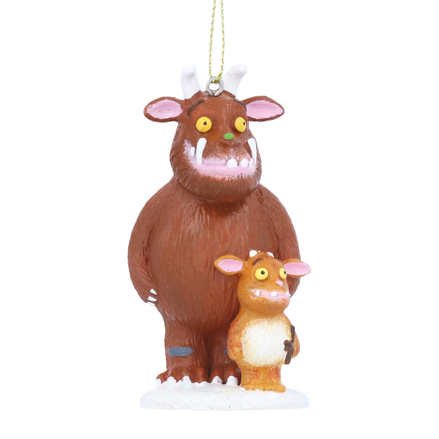 A Gruffalo and Baby Gruffalo Christmas ornament featuring the brown monster and its cub standing together on a white snowy base, with a gold hanging string at the top.