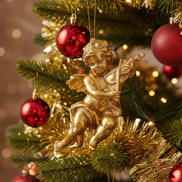 Gold cherub figurine playing a violin on a white background