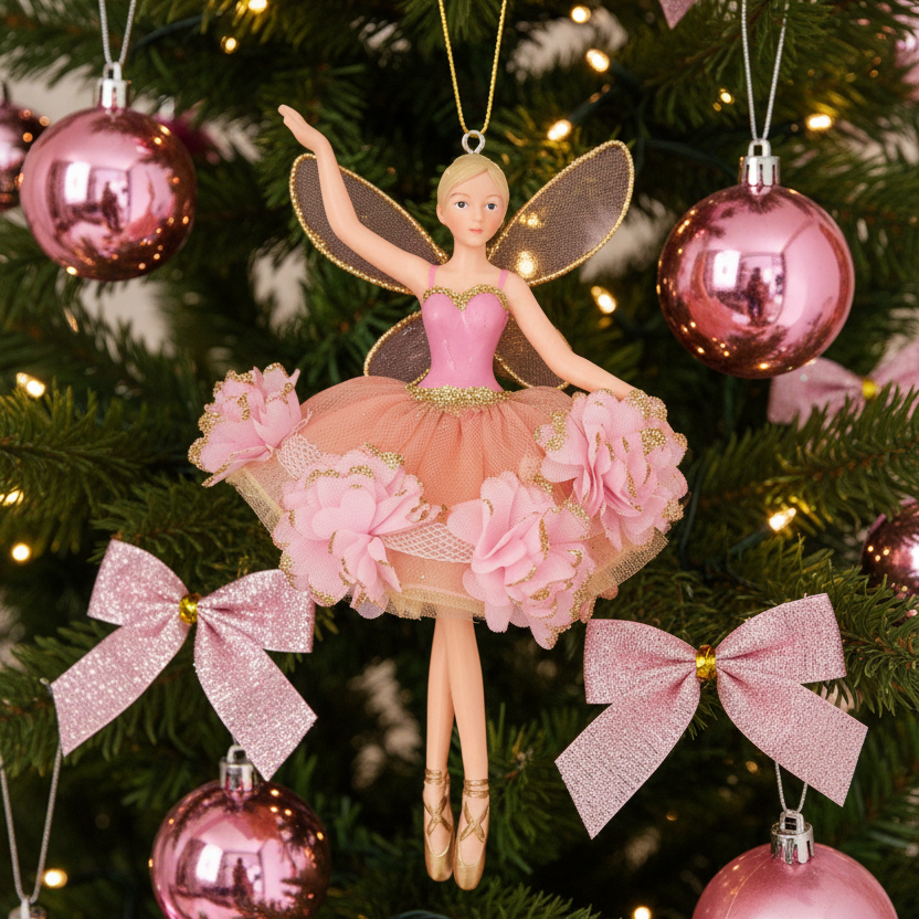 Dusky Pink Floral Christmas Fairy Hanging Decoration