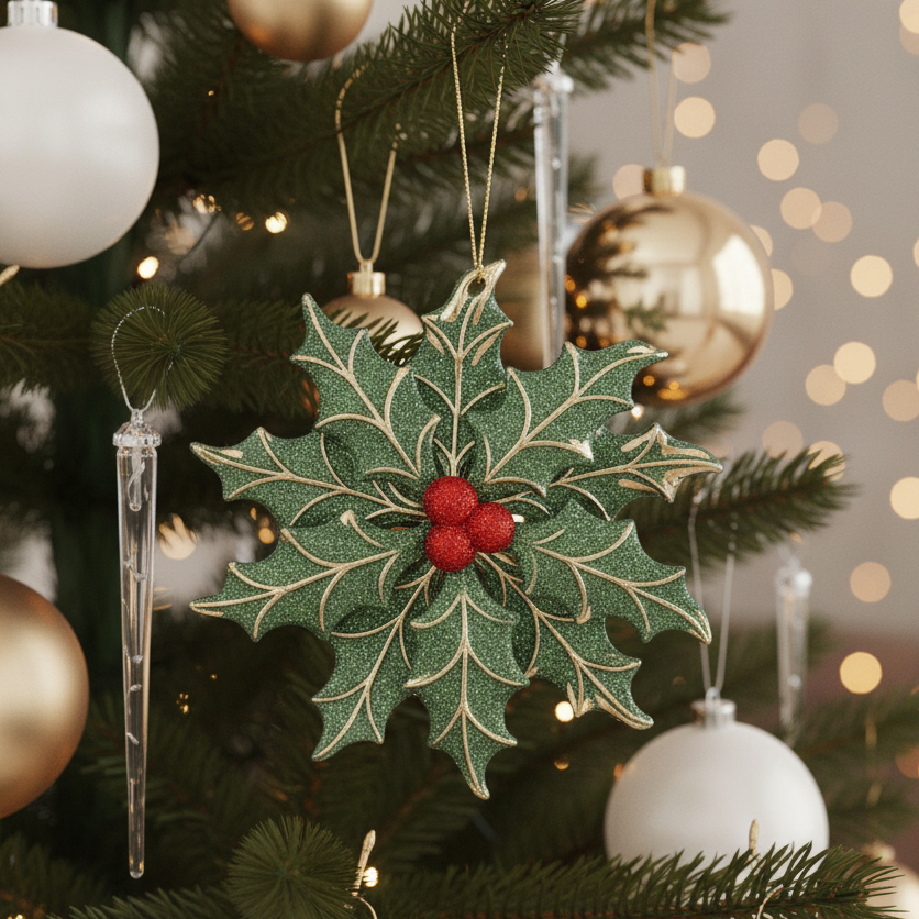 Acrylic Holly Leaves Snowflake Hanging Christmas Decoration