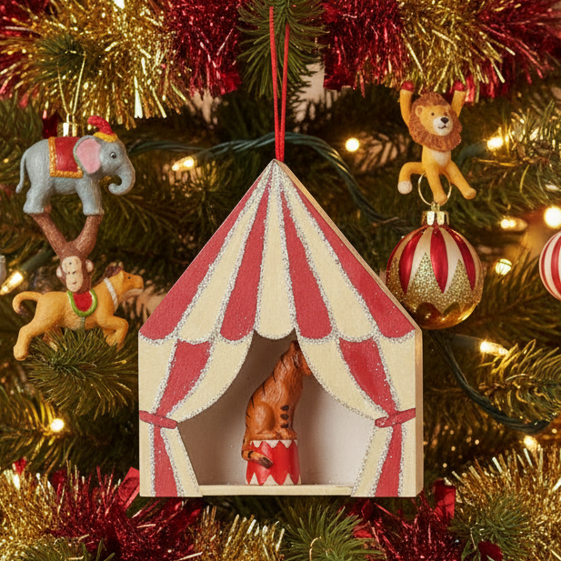 A wooden hanging Christmas ornament shaped like a circus tent with red and cream stripes, glittery trim, and a small tiger figurine inside on a red striped base, suspended by a red string against a white background.