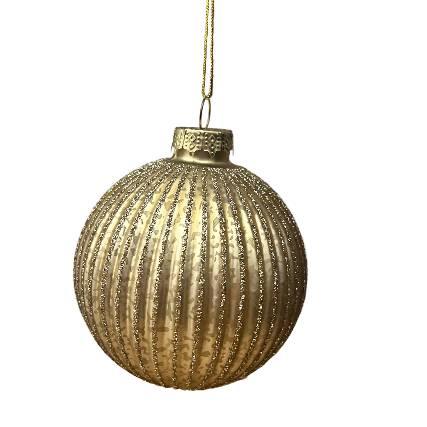 Gold Sparkle Ribbed Glass Christmas Bauble