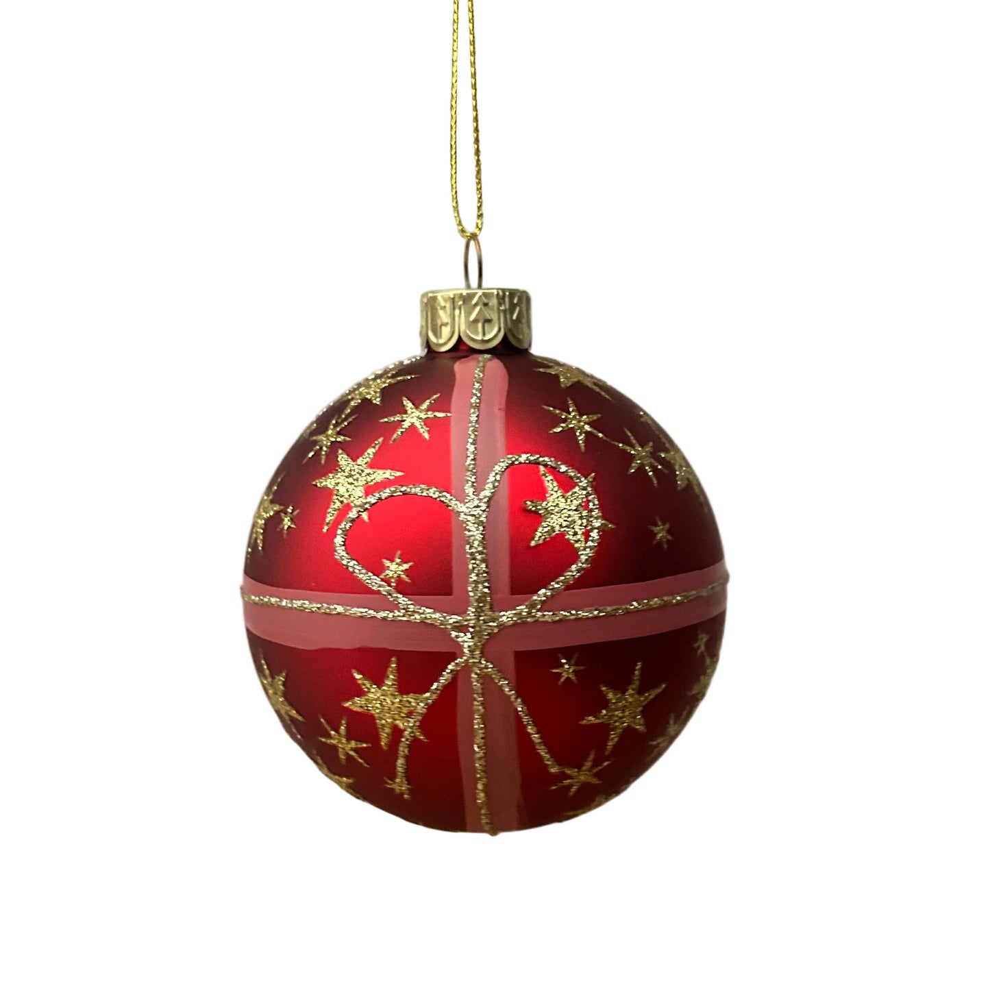 Red with Gold Stars and Bow Glass Christmas Bauble
