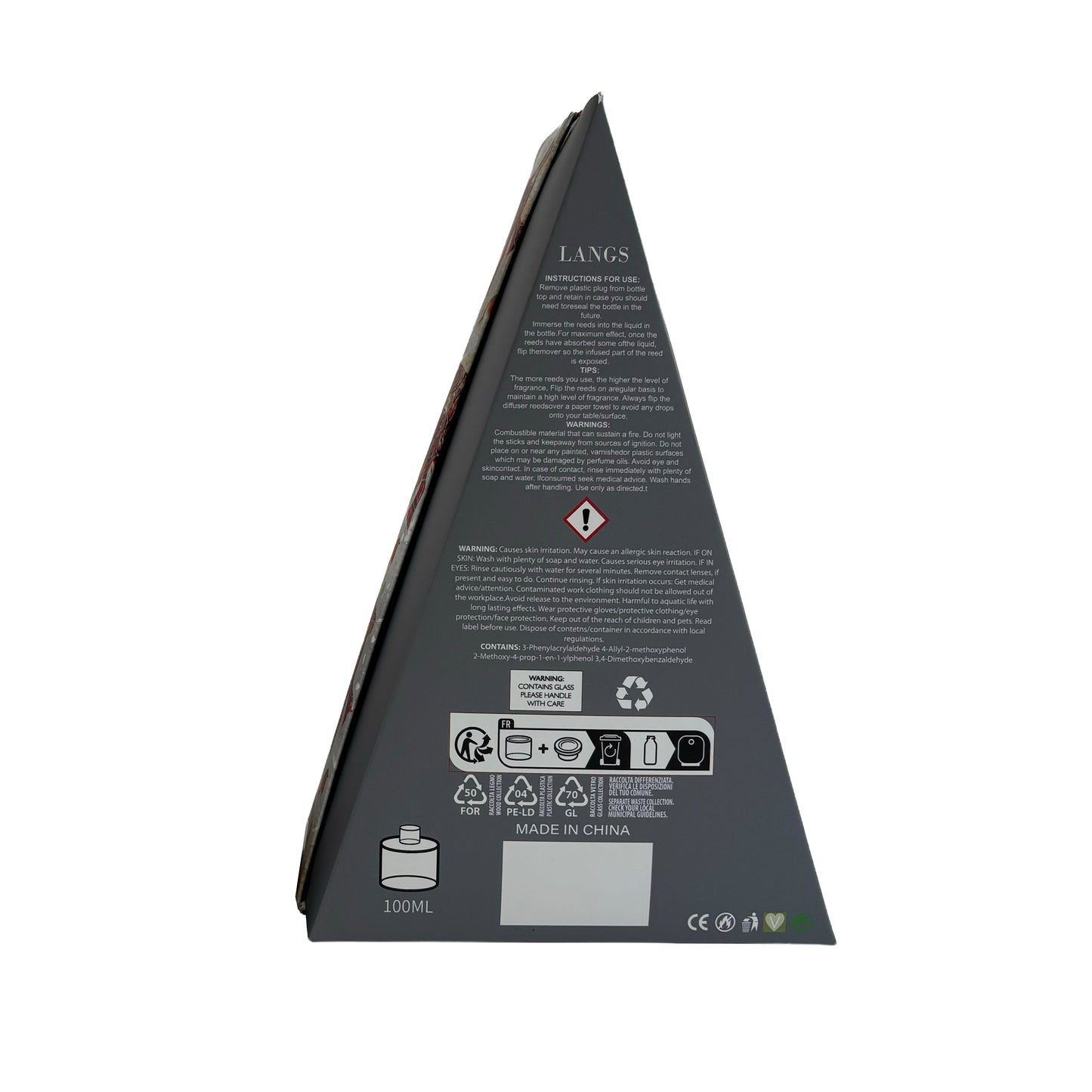 The back of a triangular dark gray product box, showing printed text, warning labels, recycling symbols, and a small blank label area, photographed on a plain white background.