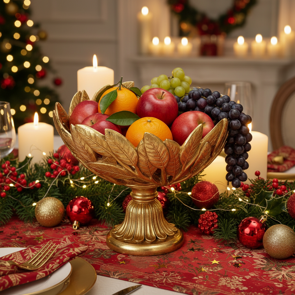 Decorative gold fruit bowl with fruits on a festive table with candles and Christmas decorations.
