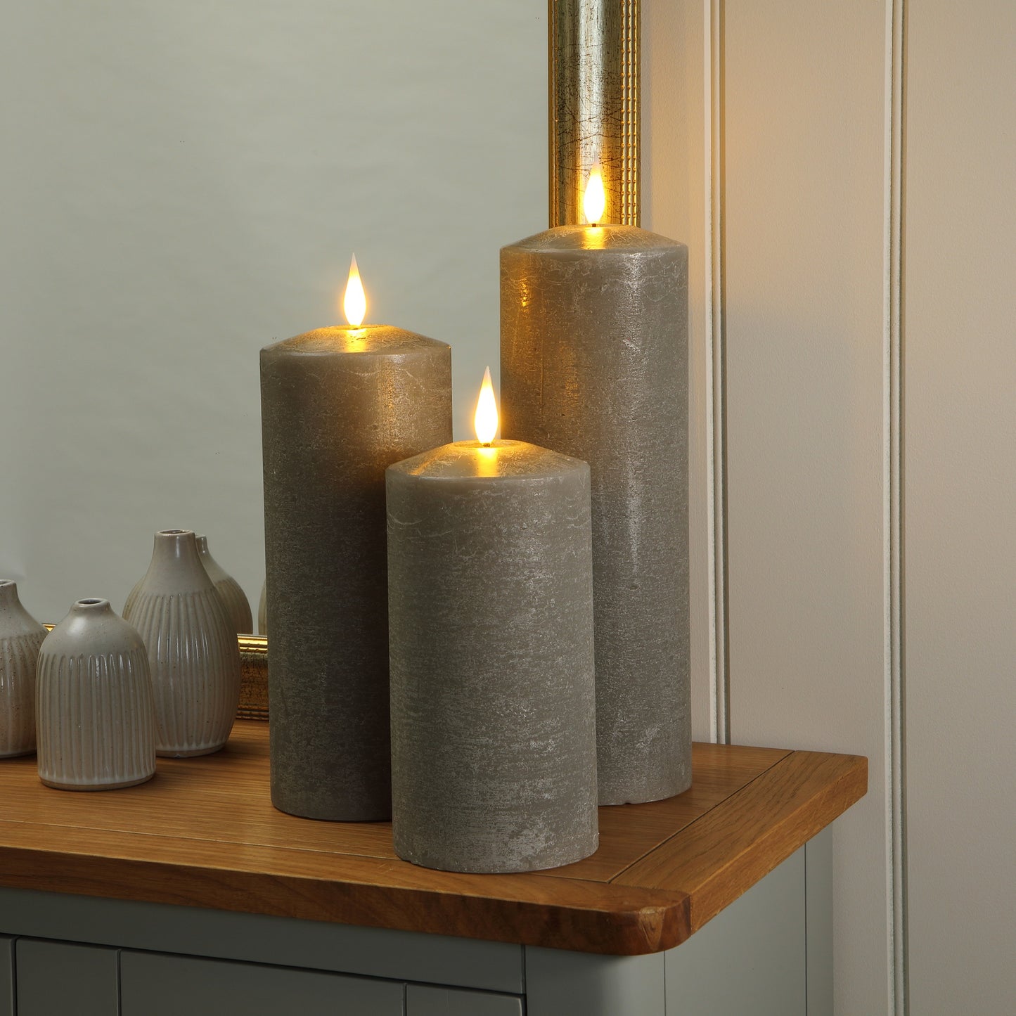 Set of 3 Large Pewter LED Wax Pillar Candles