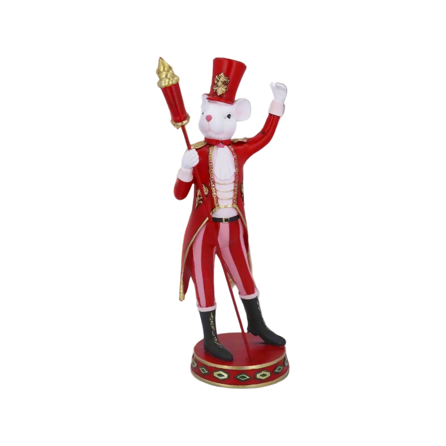 A Captain Mouse Christmas ornament, with red and white striped uniform and a hat, standing in front of a Christmas tree.