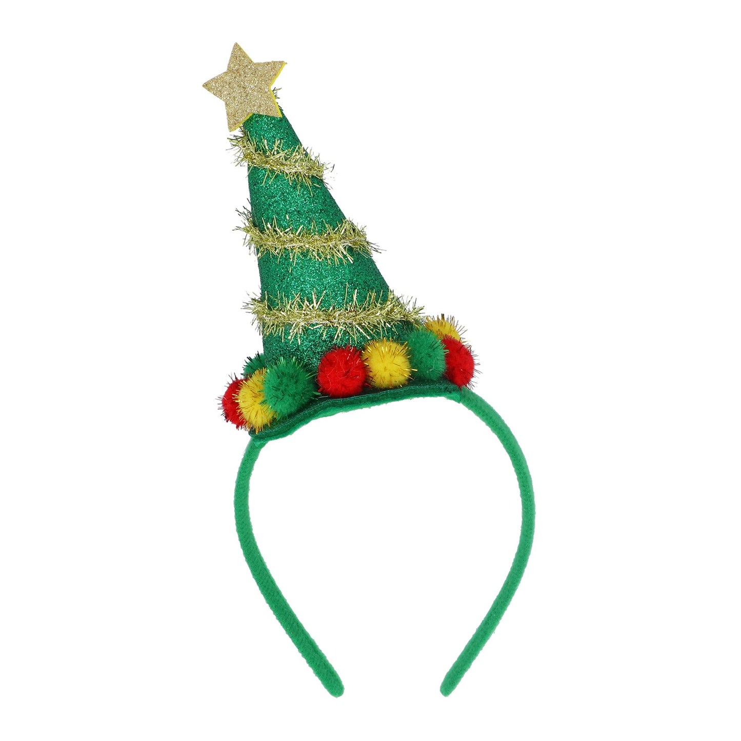 Green festive headband shaped like a Christmas tree with colorful pom-poms and a star on a white background