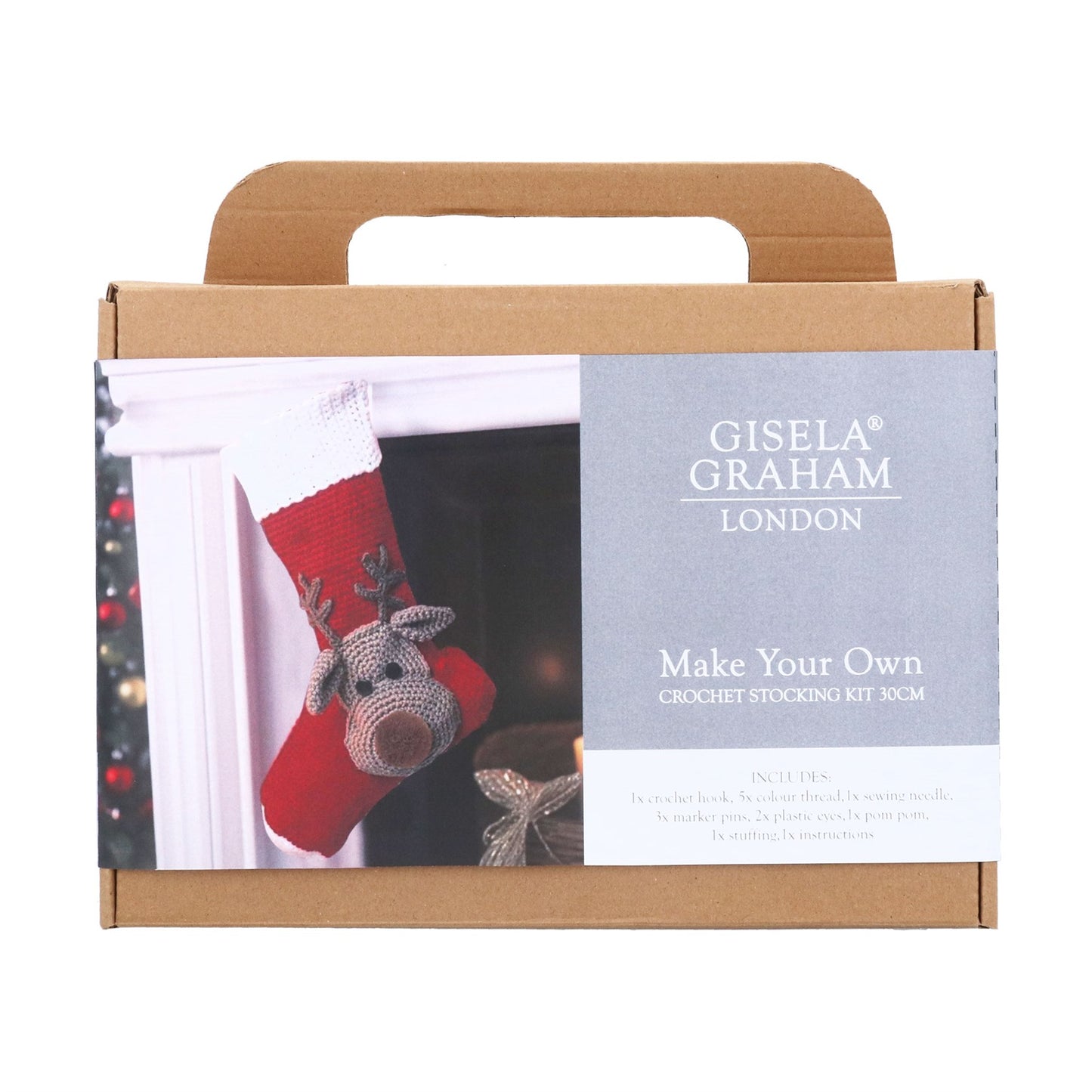 Gisela Graham London crochet stocking kit box with a handle on a white background