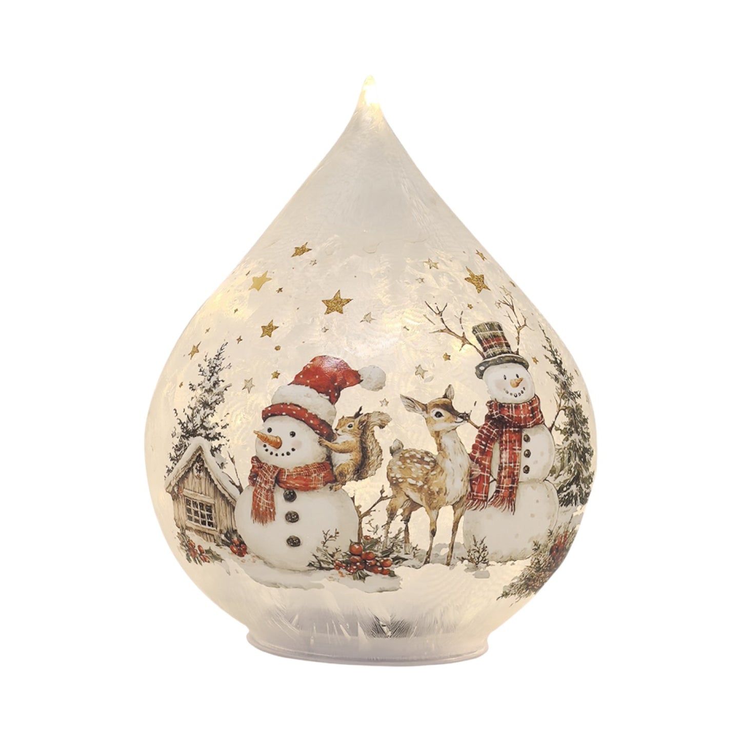 Decorative teardrop-shaped glass light with Christmas scene featuring snowmen, deer, and stars.
