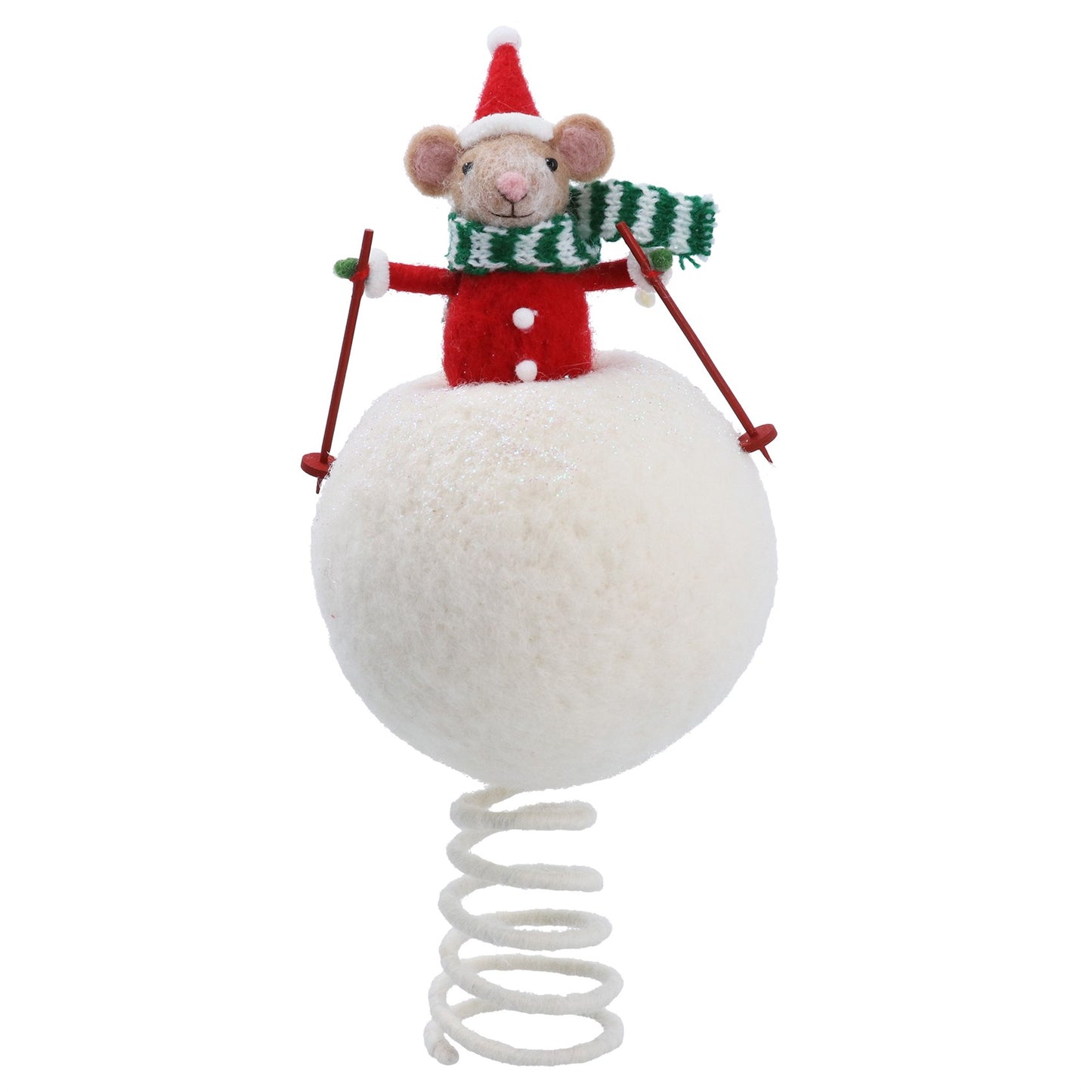 A festive snowball Christmas Tree topper snowman decoration featuring a plush white ball topped with a small mouse dressed in a red coat, green and white striped scarf, and red Santa hat, holding red ski poles on a white coiled spring.