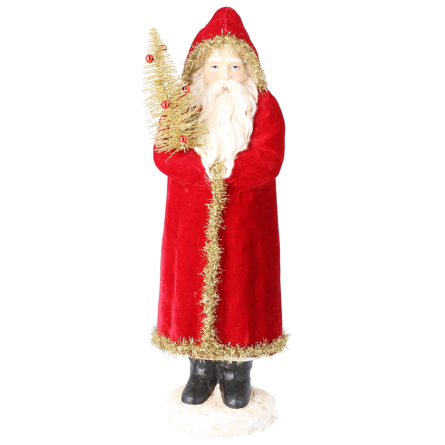 A Santa Claus figurine wearing a red velvet robe with gold trim, holding a small gold Christmas tree, standing on a white base against a white background.