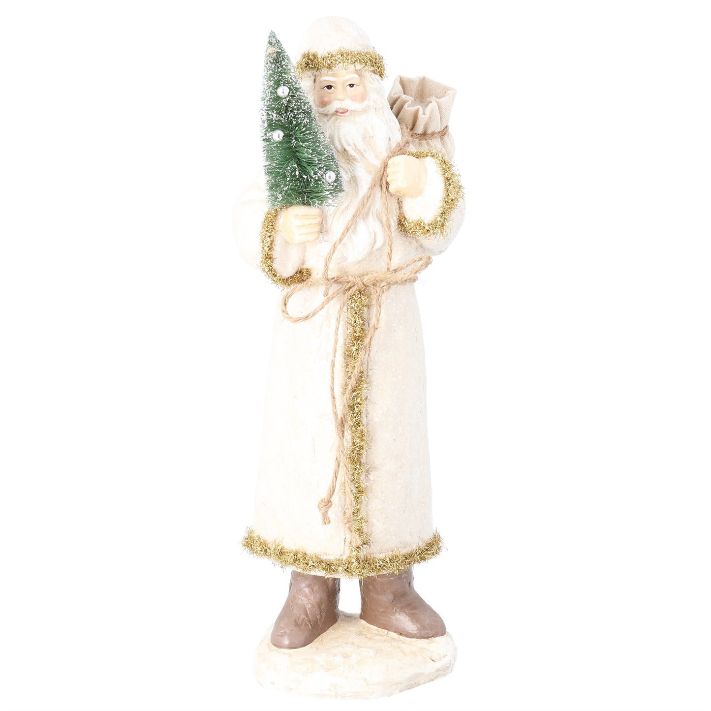 A festive Santa Claus figurine wearing a long cream robe with gold glitter trim, holding a small green Christmas tree and a sack, standing on a white base against a plain white background.