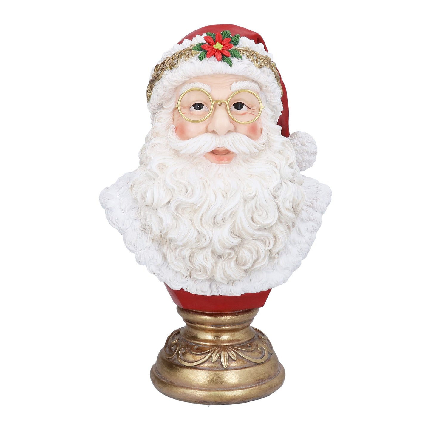A Santa Claus bust figurine with a long white beard, red hat with a green holly accent, round gold-rimmed glasses, and an ornate gold pedestal base, shown on a plain white background.