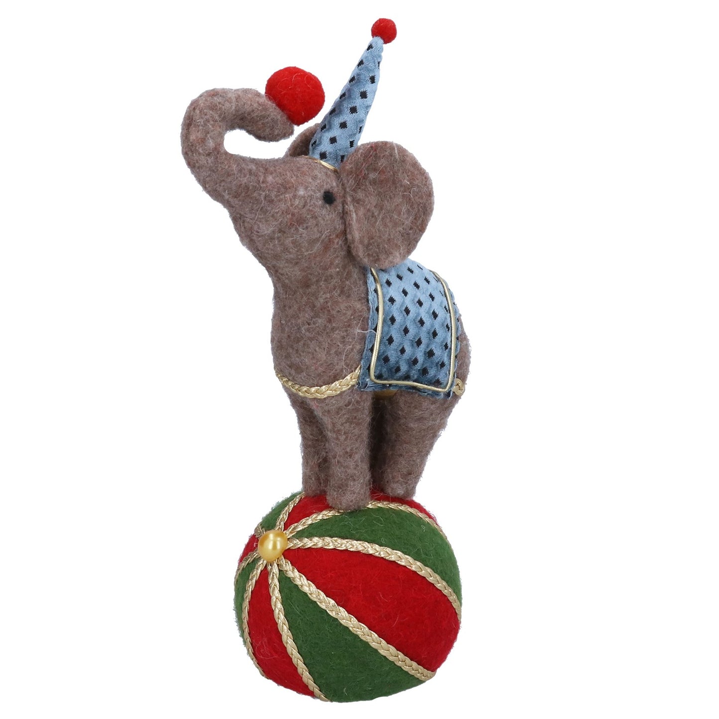 A felt elephant toy balancing on a red and green striped ball, wearing a blue polka-dot pointed hat and a blue patterned saddle with gold trim, isolated on a white background.