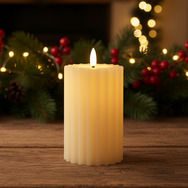 Cream LED Wick Carved Wax Christmas Candle with Melted Top 14.8cm x 7.5cm