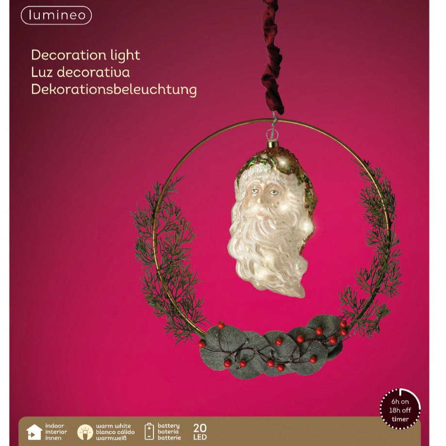 Lumineo LED Glass Santa Head Hanging Wreath