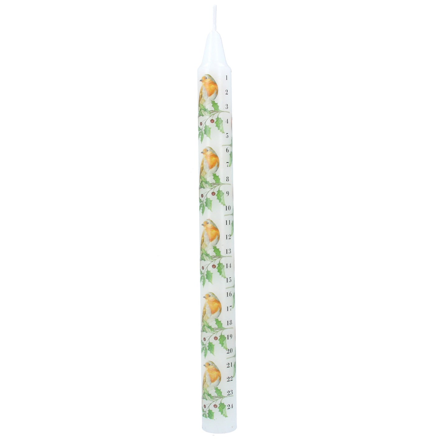 A tall, slender white taper advent candle printed with a repeating pattern of robins and holly and black numbers from 1 to 24