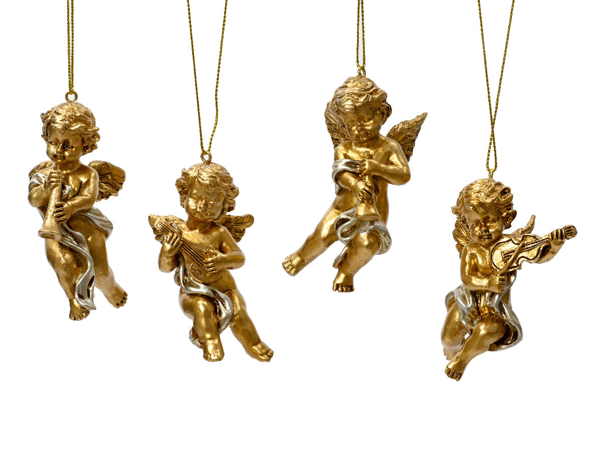 Set of 4 Gold and Silver Cherub Christmas Decorations