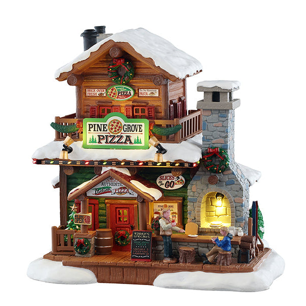 Model of a pizza restaurant named 'Pine Grove Pizza' with snow on the roof