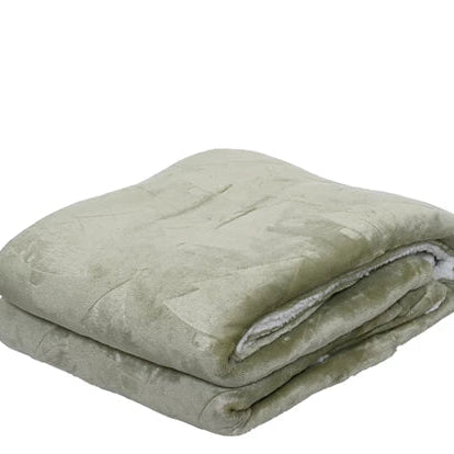 A folded green Christmas tree pattern throw with a sherpa-backed polyester flannel surface.