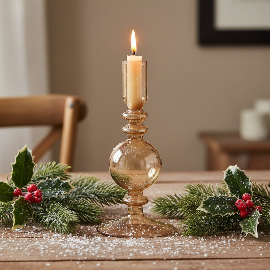 A clear glass Christmas candle holder with a amber-colored base and a translucent glass body on a white background.