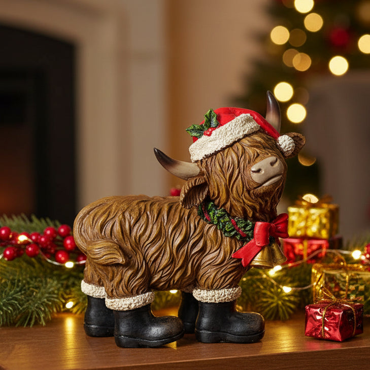 Decorative figurine of a highland cow wearing a Santa hat and Christmas wreath on a white background