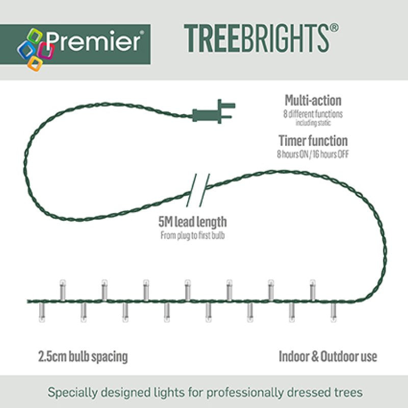 A product information graphic for Premier TreeBrights string lights. The image shows a dark green multi-strand wire light with a plug, labeled with features like 'Multi-action 8 different functions', 'Timer function', '5M lead length', and '2.