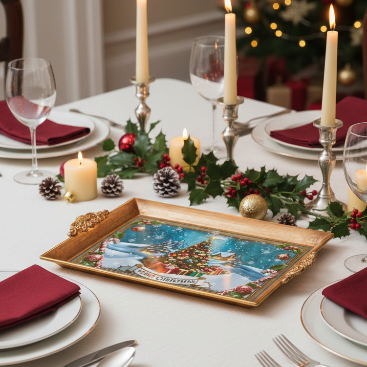 Christmas Tray with Merry Christmas Tree Scene