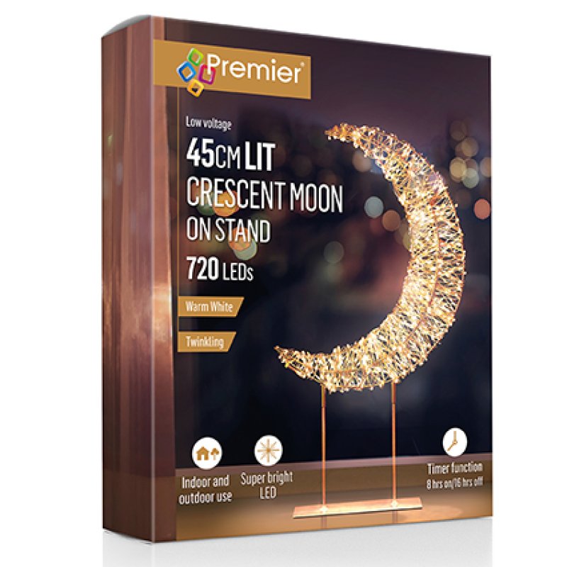 Box packaging for a Premier brand crescent moon LED light on a stand, shown at a three-quarter angle against a white background.