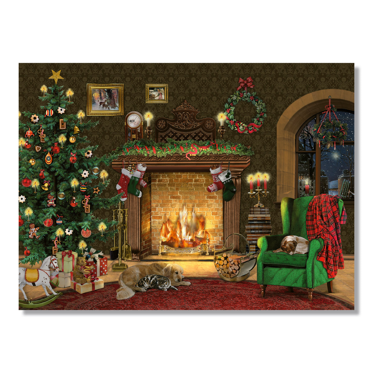 An advent calendar depicting a cozy Christmas scene with a decorated tree, a fireplace, and a chair with a cat sleeping on it.