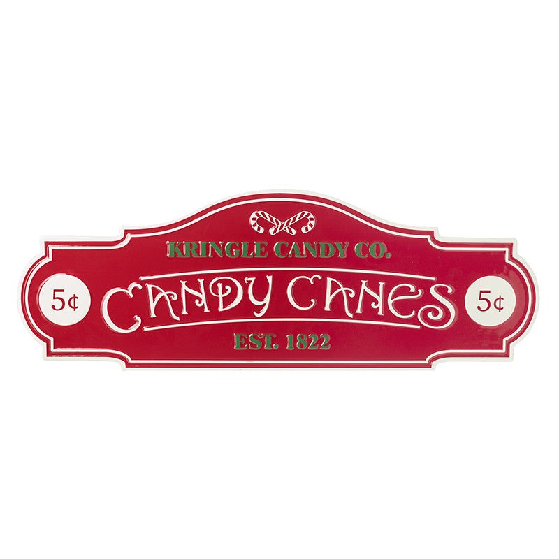 A vintage style Christmas sign with 'Kringle Candy Co. Candy Canes' text in red, white, and green colors.