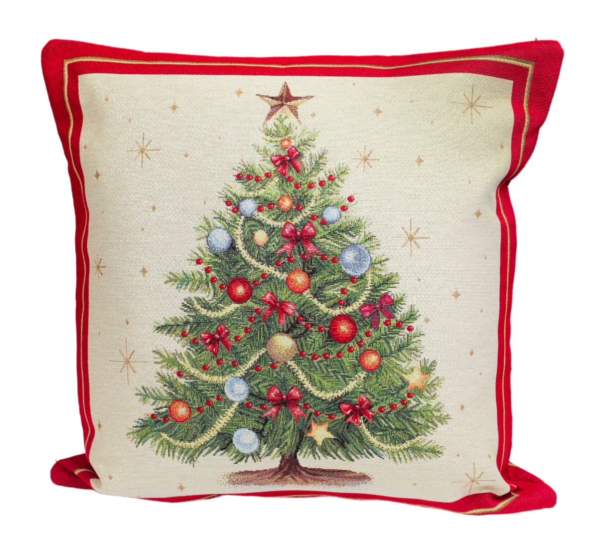A square decorative throw pillow featuring a vintage-style Christmas tree design on a cream-colored fabric background with a red border.