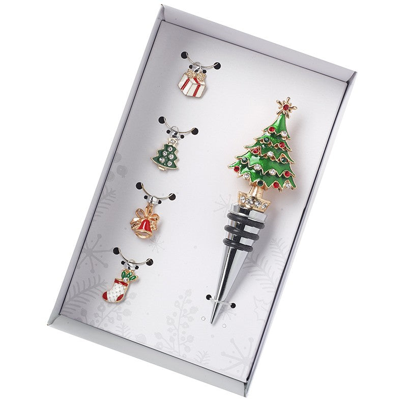 Wine Glass Charm and Christmas Tree Bottle Stopper Set