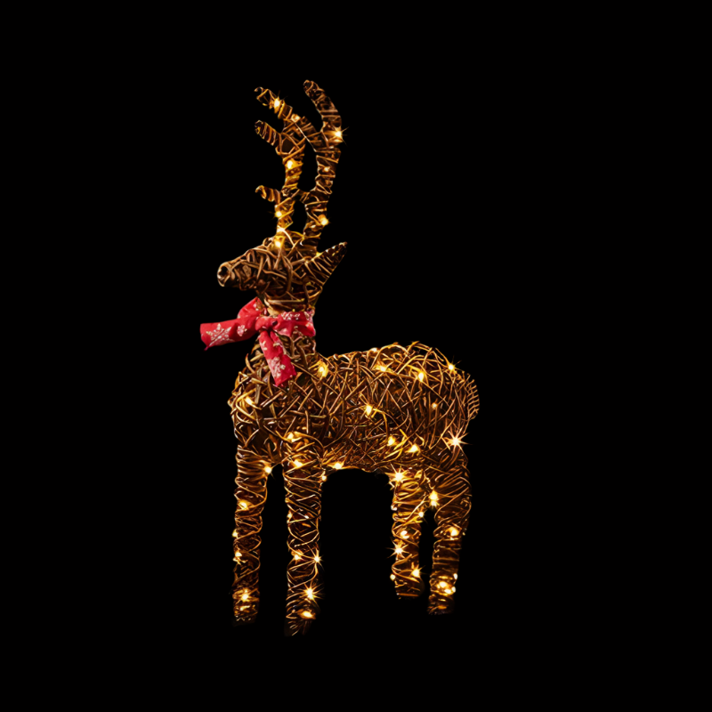 A 70cm tall wicker reindeer decoration with a red bow and warm white LED lights, intended for Christmas display.