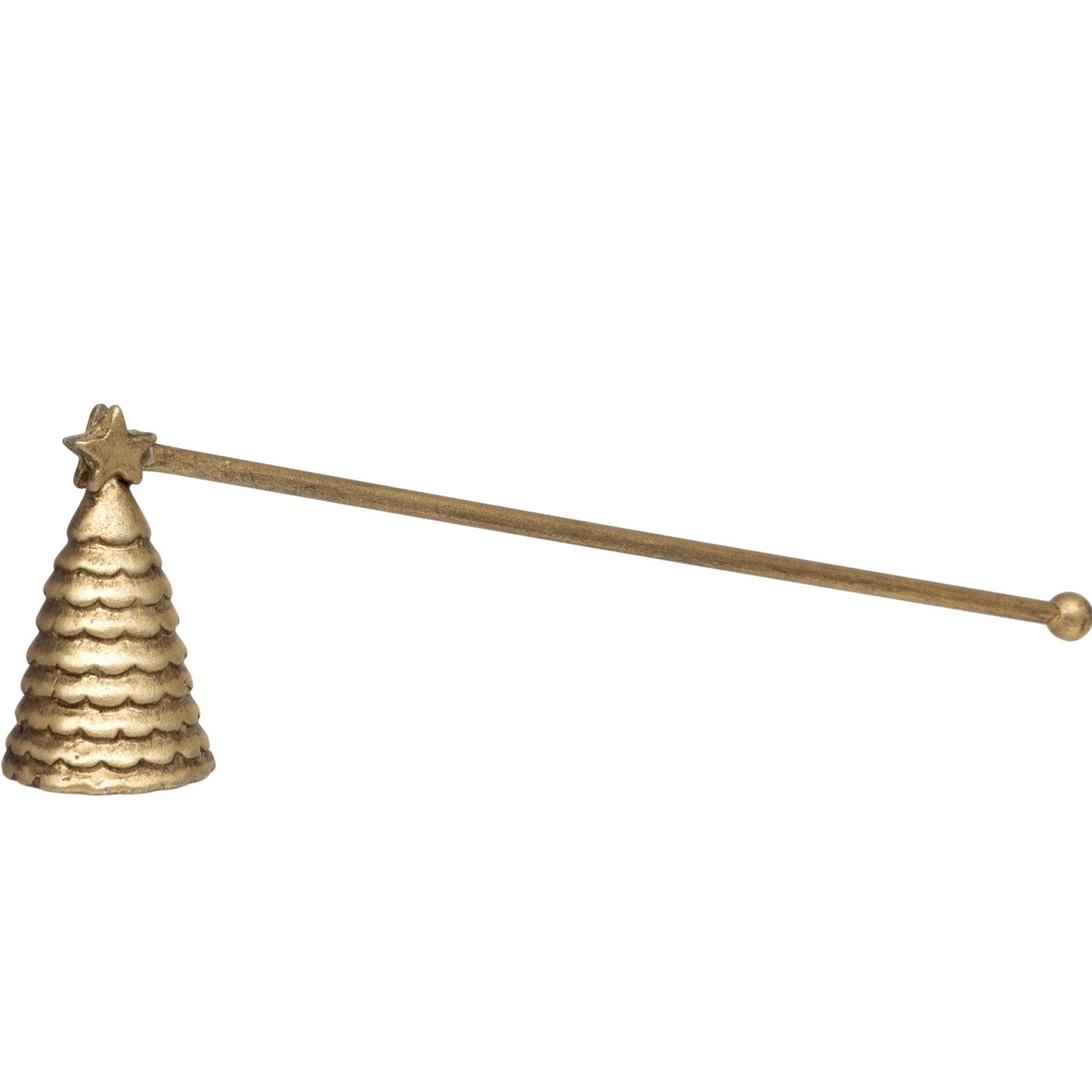 A gold-colored metal candle snuffer with a Christmas tree design.
