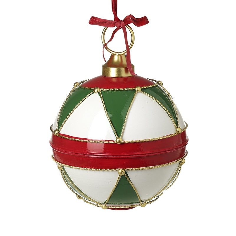 A round Christmas ornament with red, green, white, and gold geometric patterns, featuring a gold top and a red ribbon hanger.