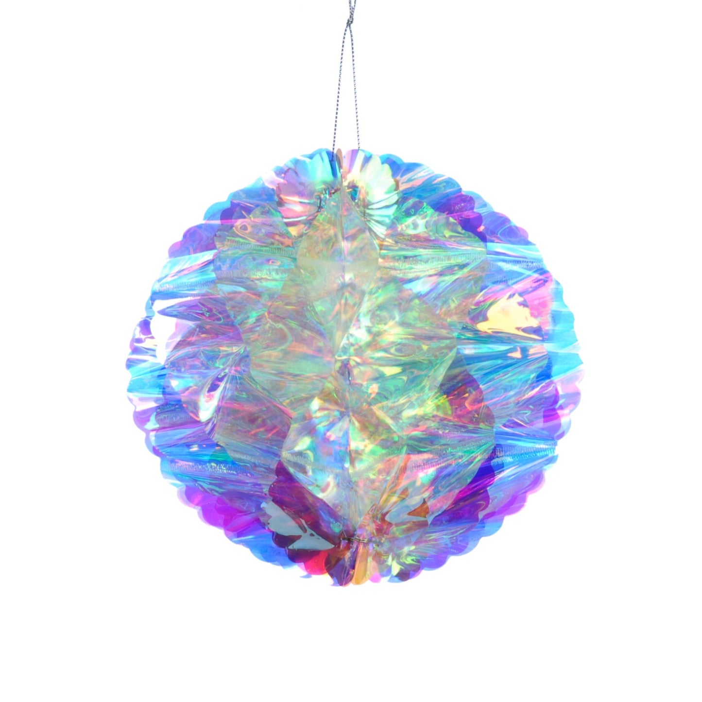 An iridescent honeycomb-shaped Christmas ball with a multicolored, shimmering surface, intended for hanging as a decoration.