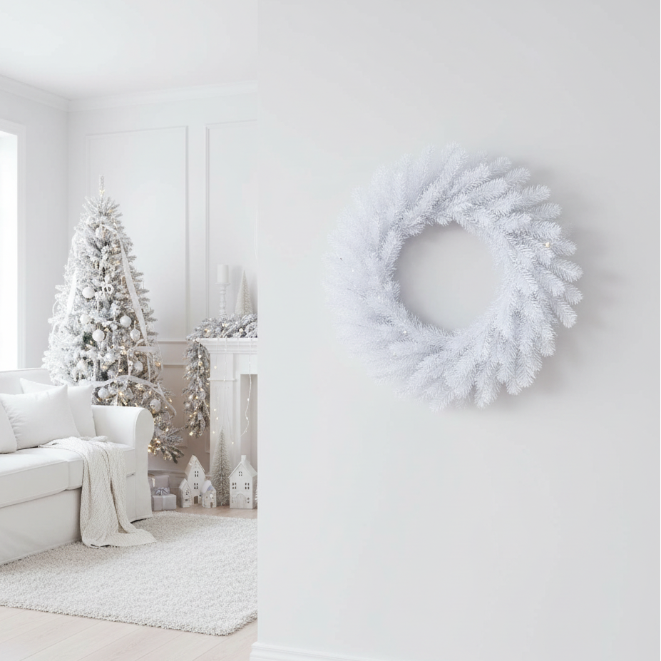 White living room with a Christmas tree, wreath, and festive decor.