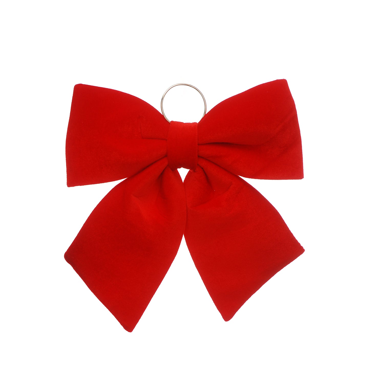A bright red fabric bow with a silver metal ring at the centre, shown against a plain white background.