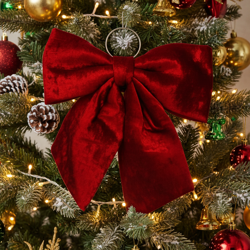 Decorative red bow on a Christmas tree with colorful ornaments.