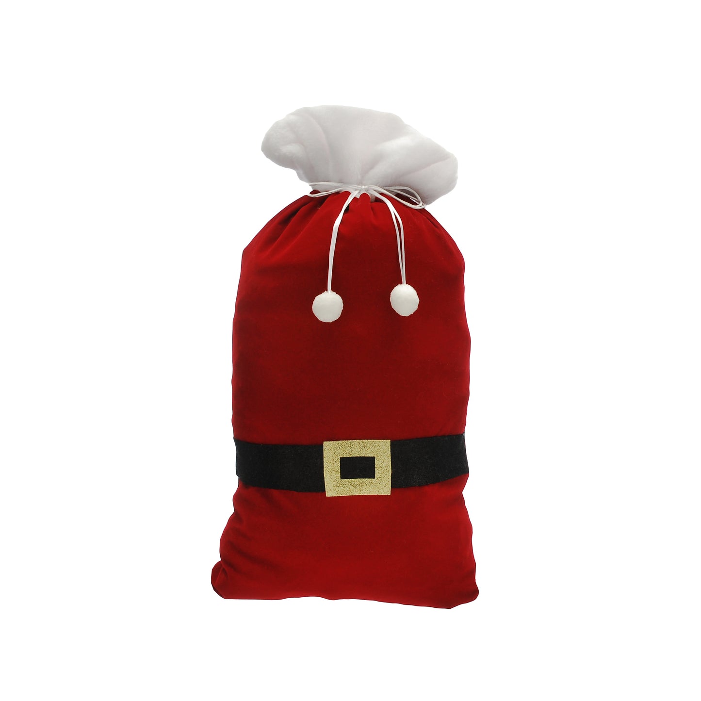 A red Santa Claus-themed gift sack with a white drawstring top, white pom-poms, a black belt, and a gold buckle, shown on a plain white background.