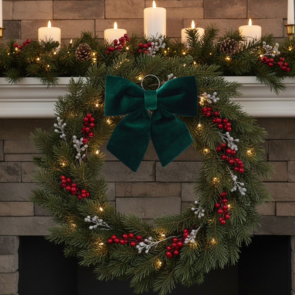 A festive Christmas wreath hanging on a stone fireplace mantel, decorated with green pine branches, a large dark green velvet bow, red berry clusters, white berries, and warm white string lights. Matching garland with candles and pinecones decorates the mantel above.